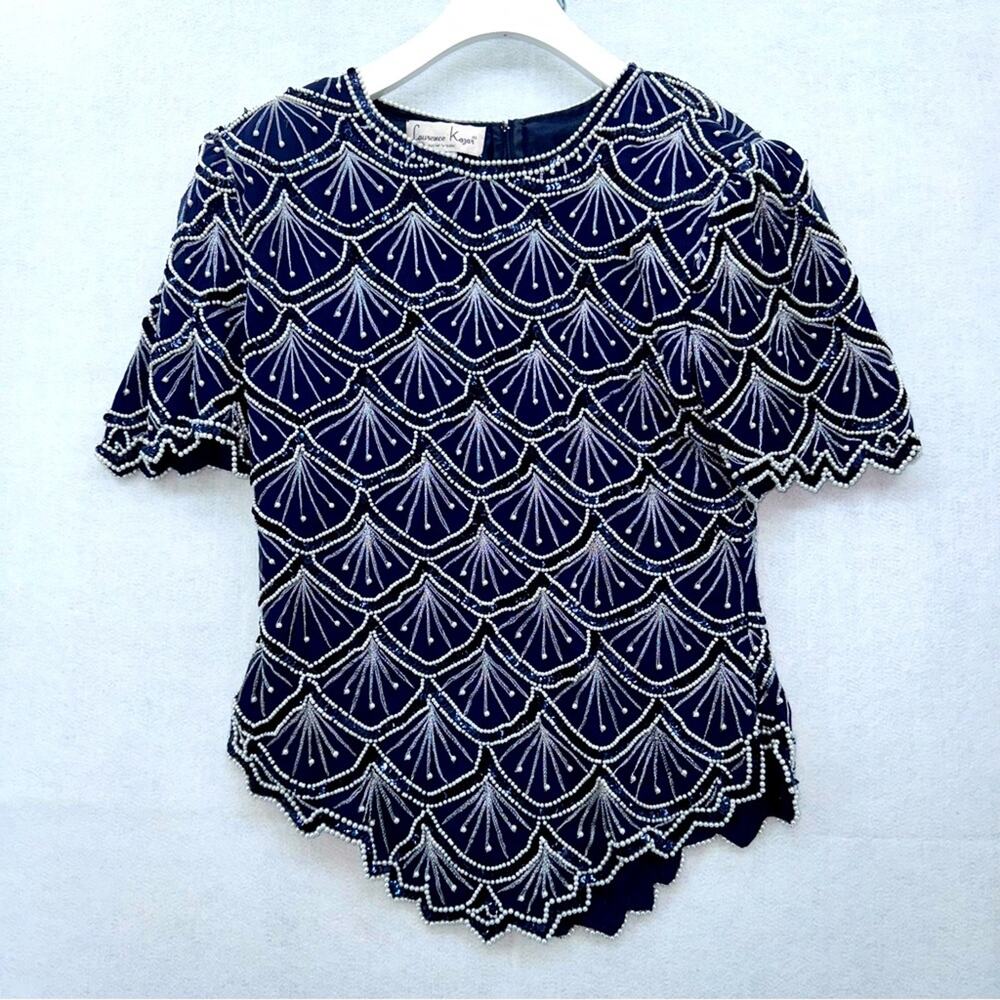 Vintage Laurence Kazar 100% Silk Navy and White Beaded Short Sleeve Blouse M EUC